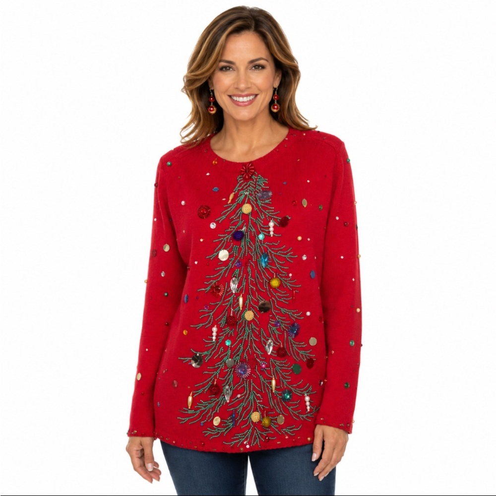 MICHAEL SIMON Red Embellished Christmas Tree Sweater Size: Large